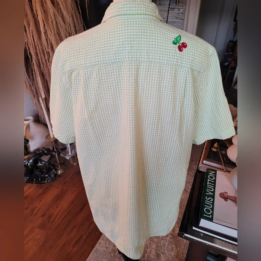 Quacker Factory Green Checkered Shirt with Cherry Embroidery